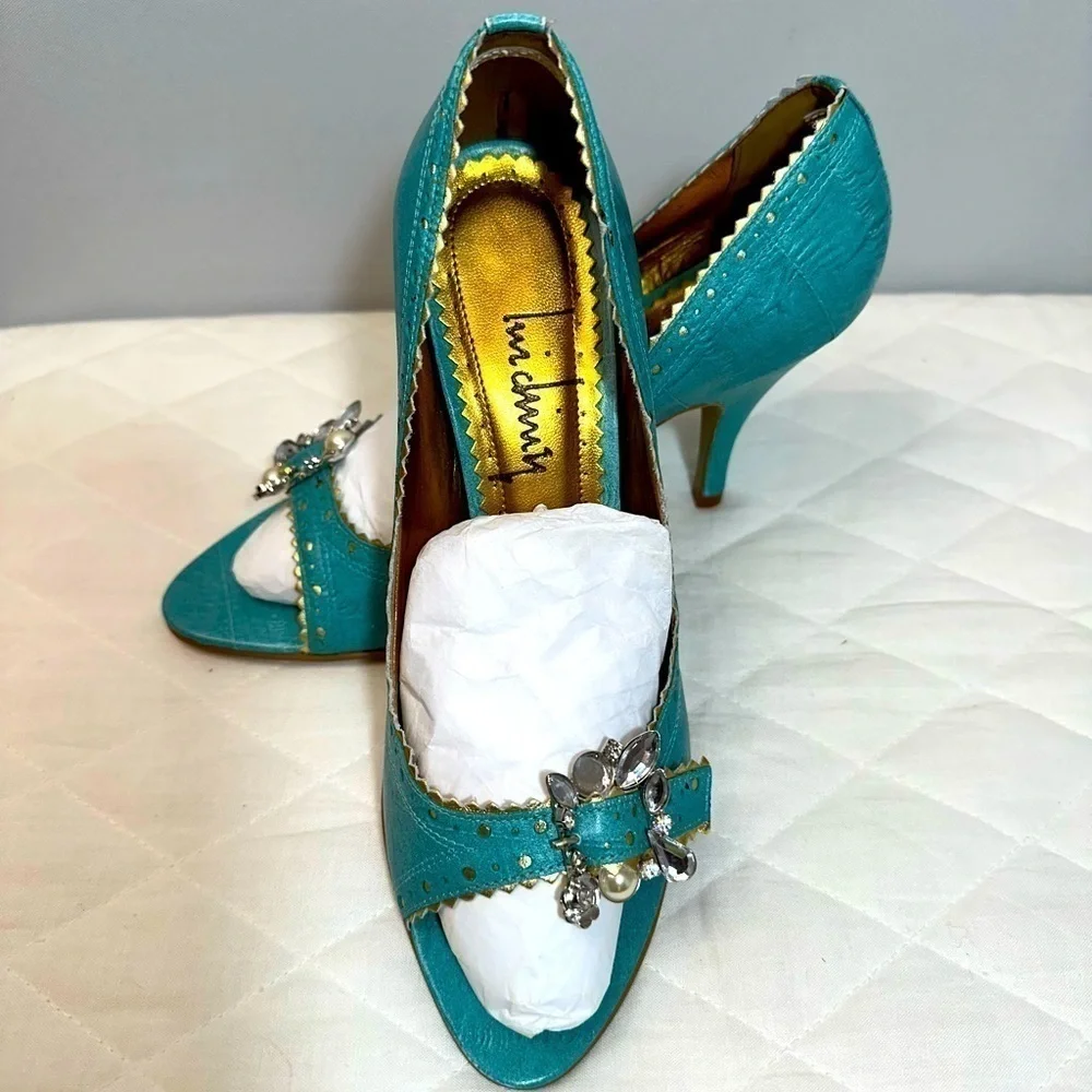 Lnicling Womens Size 6 High Heels Shoes Open Peep Toe Gold Trim Beaded Side Deco